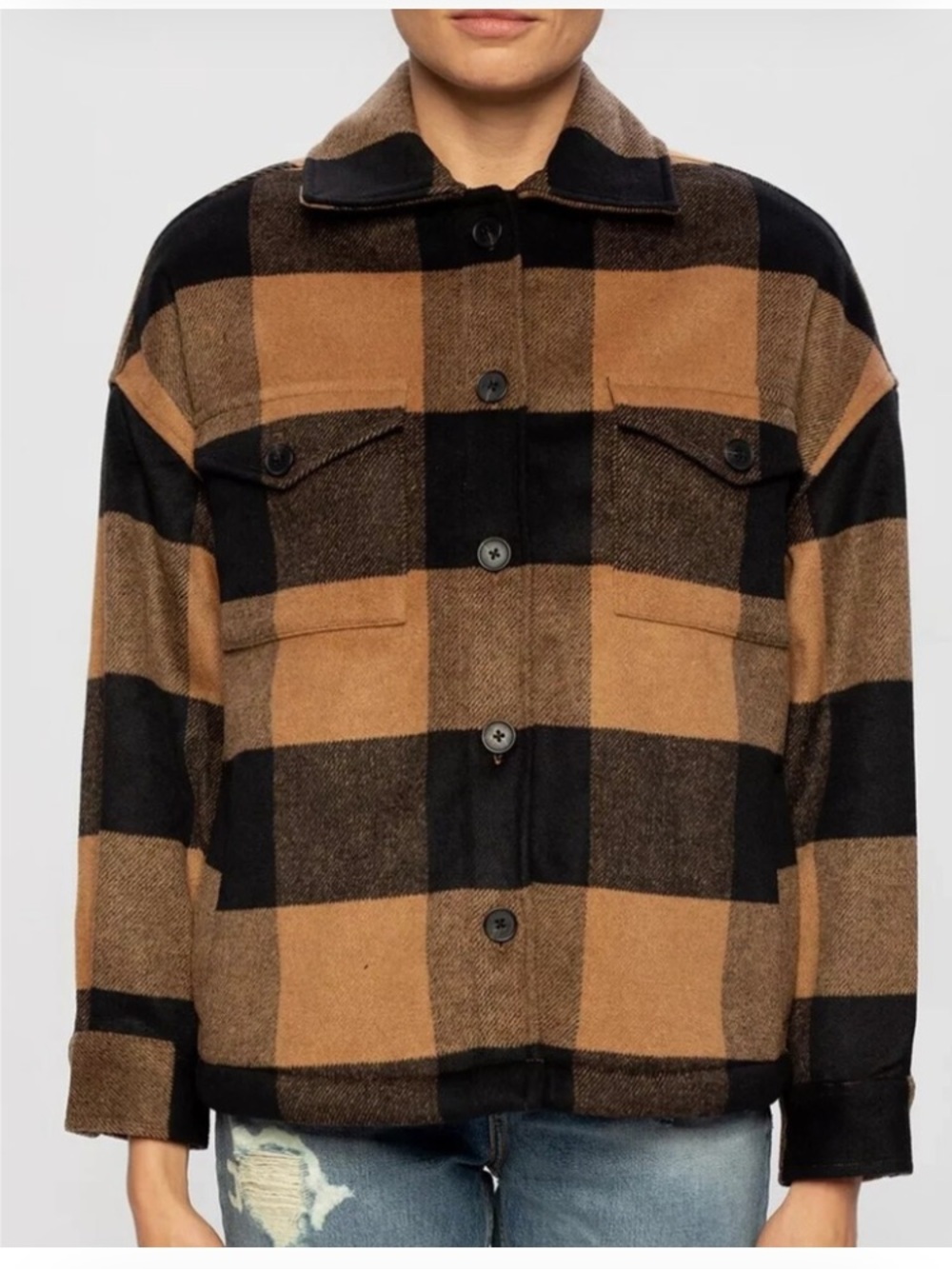 All Saints Luella Plaid Button-Front Shacket Jacket - Tan & Black❤️